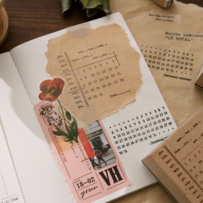 Retro dato / uge / månedlig plan tidsplanlægger kalender træ gummistempel sæt diy scrapbooking kort dekoration prægning