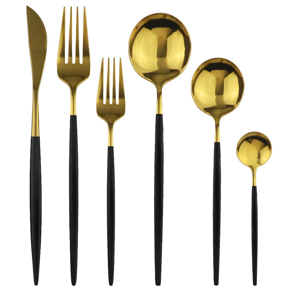6Pcs Red Flatware Set Knife Fork Spoon Cutlery Set 304 Stainless Steel Dinnerware Set Mirror Green Gold Tableware Set Silverware: Black Gold