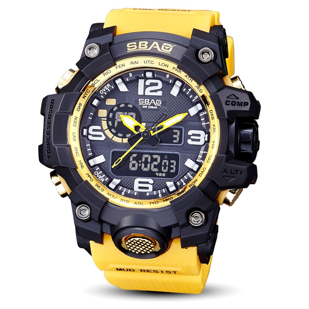 SBAO Watch LED Men Waterproof Sports Watches Shock Digital Electronic Sports Men Watch relogio masculino reloj hombre: Yellow 