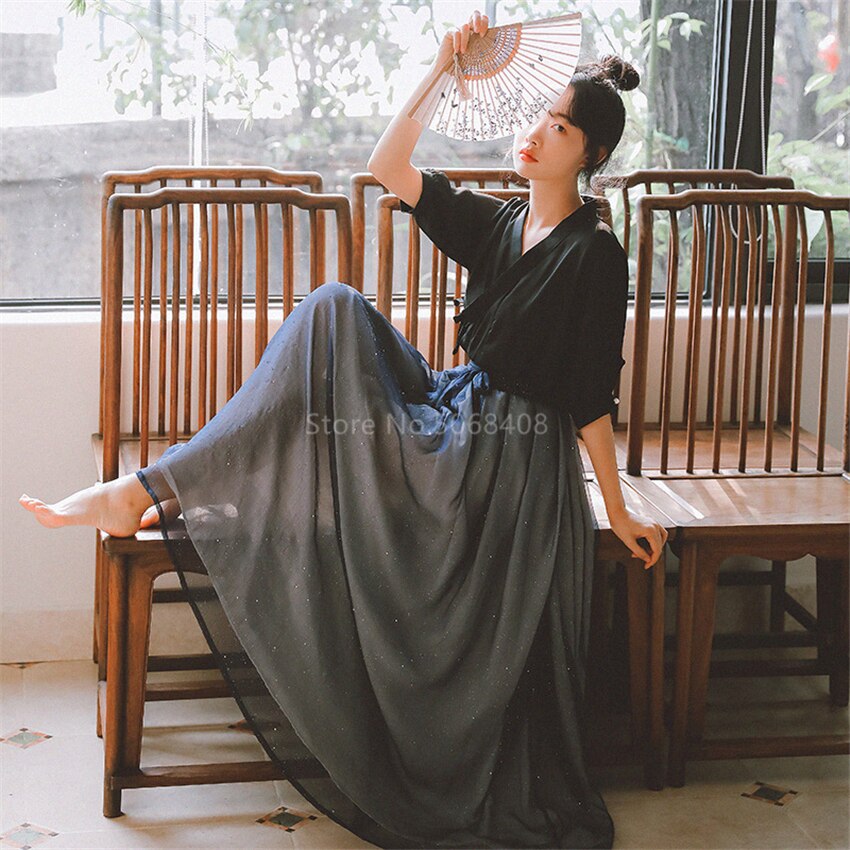 Vestido Kimono Vintage de estilo japonés para mujer Cosplay de samurái Outsiut, falda azul brillante, disfraz de baile asiático Yukata Haori