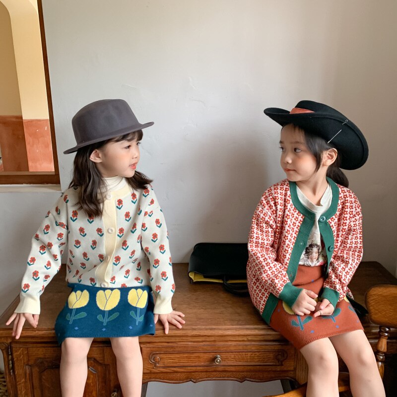 Moda Casual gonna bambino dolce carino motivo floreale cotone mezza lunghezza Faldas autunno ragazze maglieria dritta Faldas Cortas