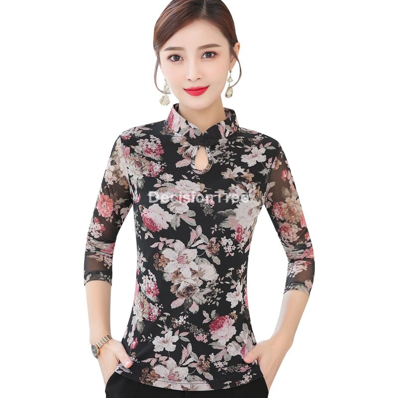 2022 satin silk china shirts cheongsam style traditional chinese clothing for women flower print qipao tops chinese qipao blouse