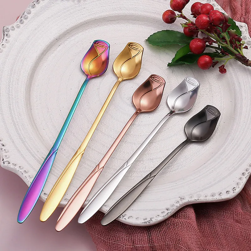 Long Handle Teaspoon Stainless Steel Rose Mixing Spoon Unusual Teaspoons for Dessert Honey Salad Tea Coffee Spoons Year