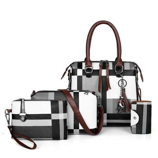 Valenkuci Handtassen Luxe Handtassen Composite Bag Set Plaid Kwastje Vrouwen Tassen Handtassen Composite Bag: Black