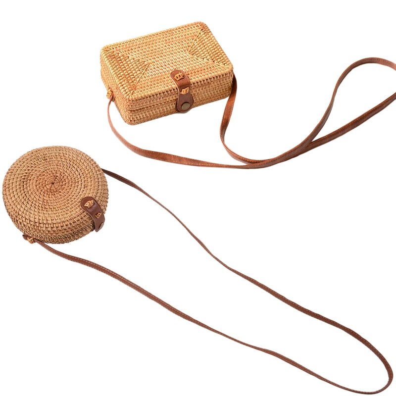 2 Stck eins Neue Damen Hand-gewebte Schulranzen Rattan retro Literarischen Hand-gewebte Leder Schnalle Paket Böhmen Strand Bote Schulranzen,: Ursprünglich Titel
