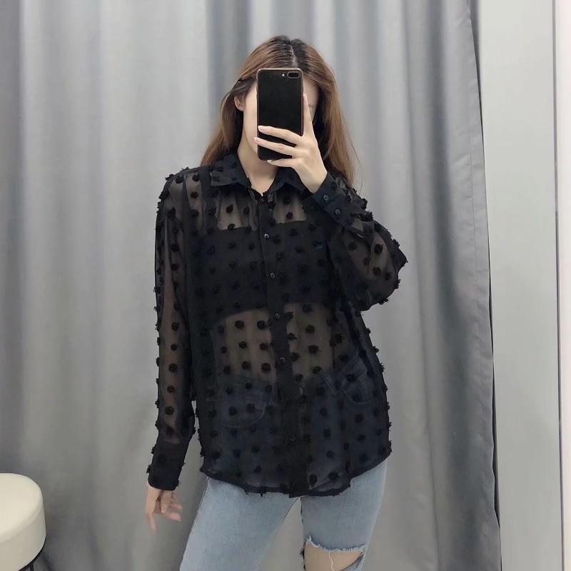 Kvinnor pricksömmar casual chiffong blus skjorta dam långärmad chic blusas perspektiv vit chemise toppar  ls3725