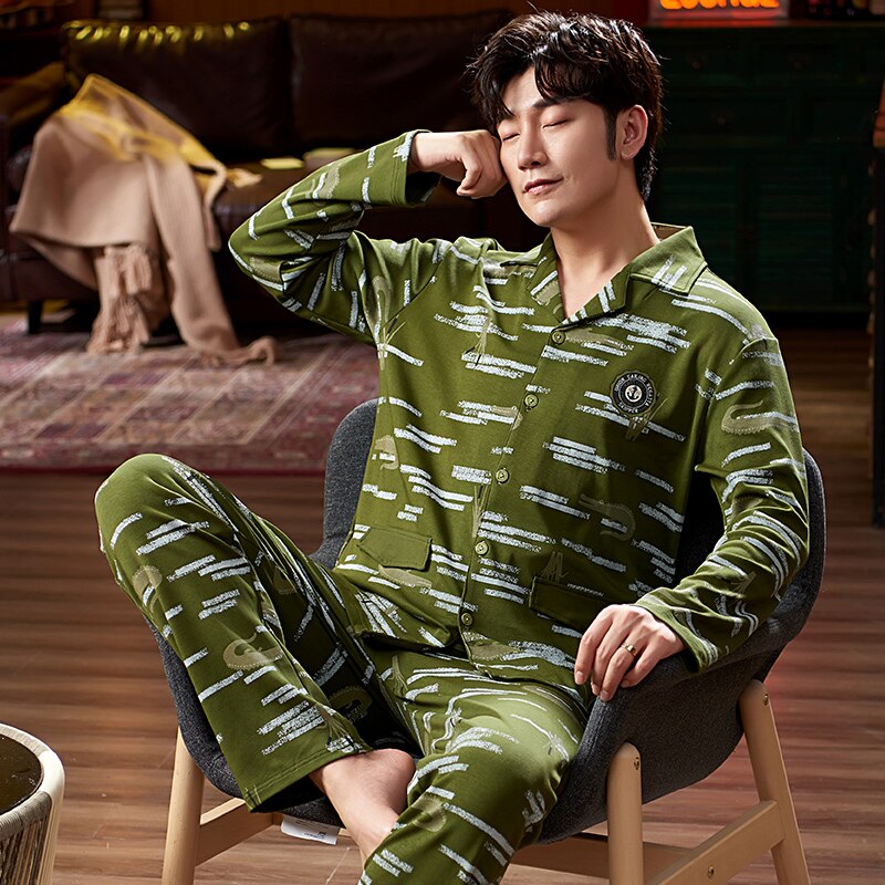 Pyjama pour homme, ensemble Simple, manches longues, en coton, haut et pantalon, vêtements de loisirs pour la maison, printemps