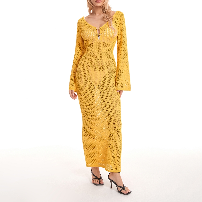Yiiciovy Sexy Damen-Strandkleid, lang, gestrickt, ausgehöhlt, tiefer V-Ausschnitt, langärmelig, Bikini-Vertuschungen, Kleid, Herbst, rückenfrei, Urlaubskleid: M / YELLOW