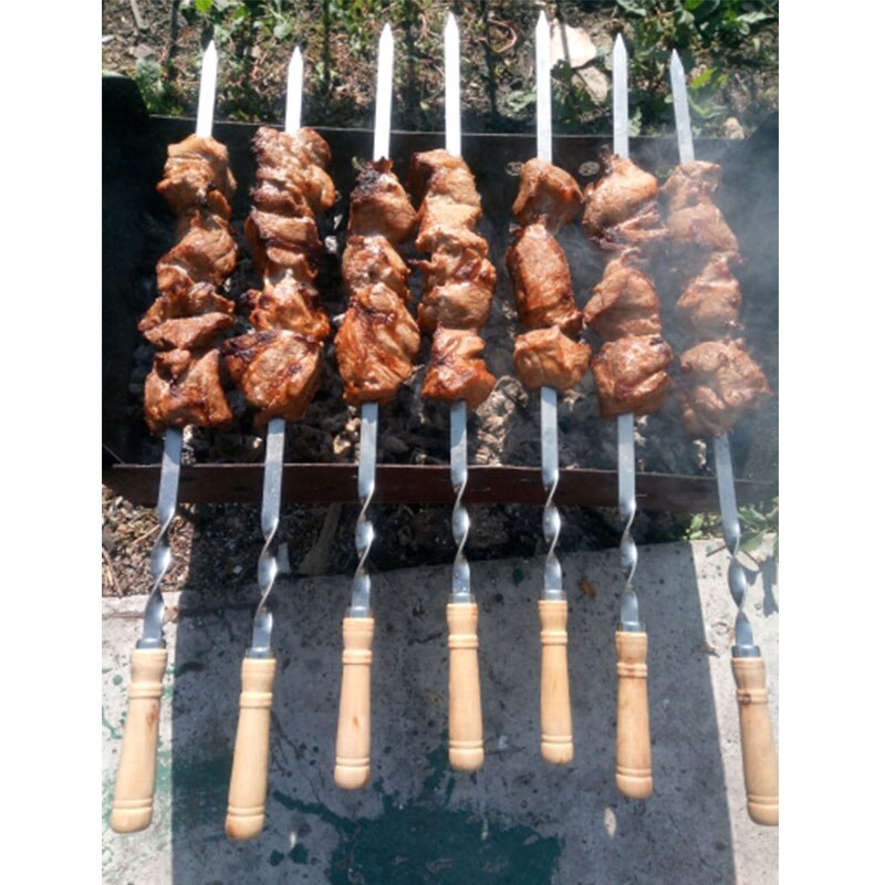6Pcs 55Cm 21.5 "Bbq Spies Rvs Shish Kebab Bbq Vork Set Lange Platte Houten Handvat Barbecue naald Vlees Grill Outdoor Tool