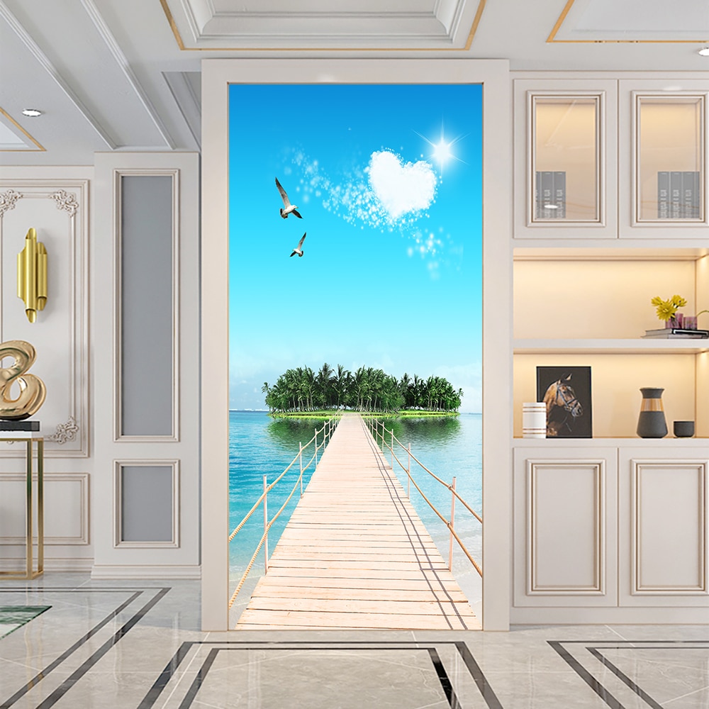 Pegatina de puerta DIY de paisaje insular de hermoso estilo, pegatinas de pared para decoración del hogar, Mural artístico para porche de cocina, papel tapiz de PVC