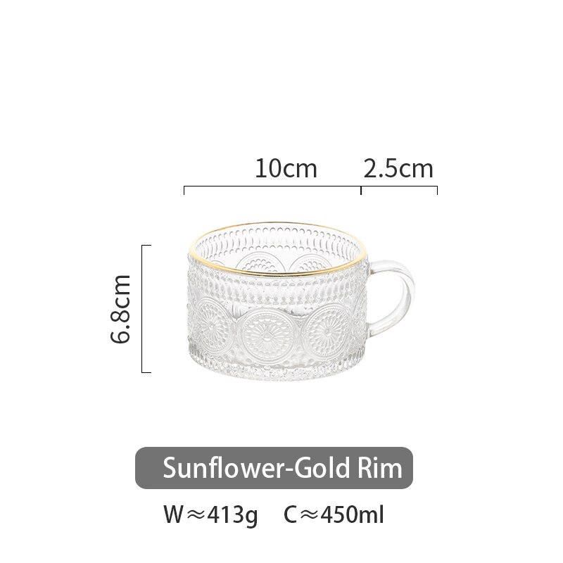 450ml Nordic Glass Mug Transparent Handgrip Cup For Coffe Milk Golden Edge Household Teacup Kitchen Drinkware: Sunflower Gold Rim