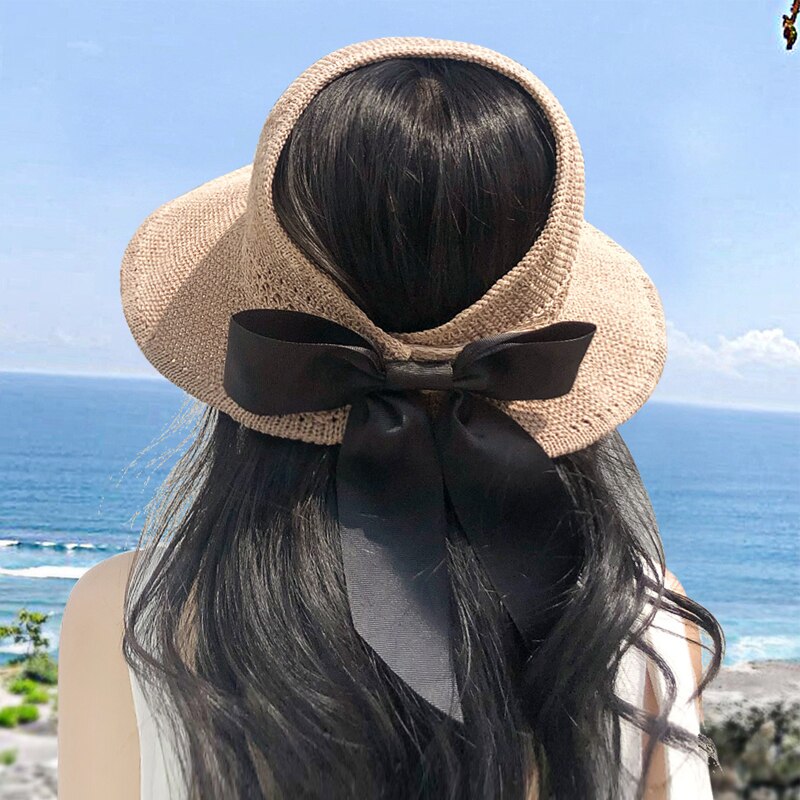 Zomer Boog Zon Hoeden Lege Top Hat Vrouwen Uitsparing Strand Hoed Vrouwen Zon Cap Lint Knit Raffia Zonnehoed uv Protction Caps