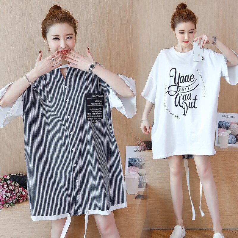 Zomerse oversized streep patchwork zwangerschapsjurk van katoen, plus size letters print, zwangere vrouwen shirts, losse blouses: Ik