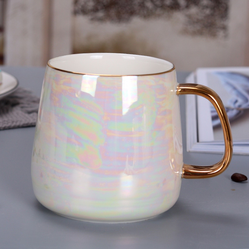 Pearl glaze gold handle mug coffee cup advanced mug rainbow glazed ceramic cup,simple Nordic teacup Drinkware