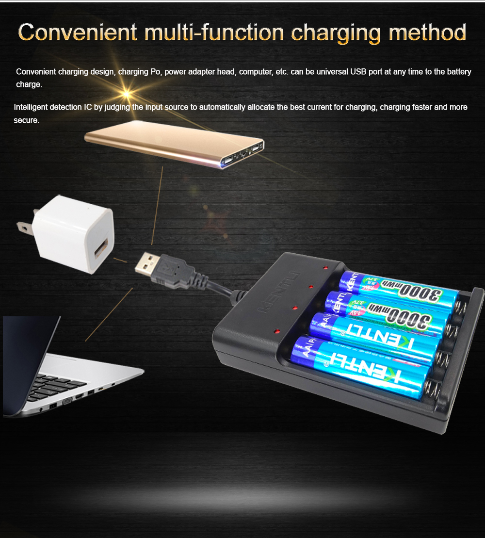 4pcs KENTLI AA 1.5V 3000mWh polymer lithium li-ion rechargeable batteries battery+4 slots USB li-ion battery charger