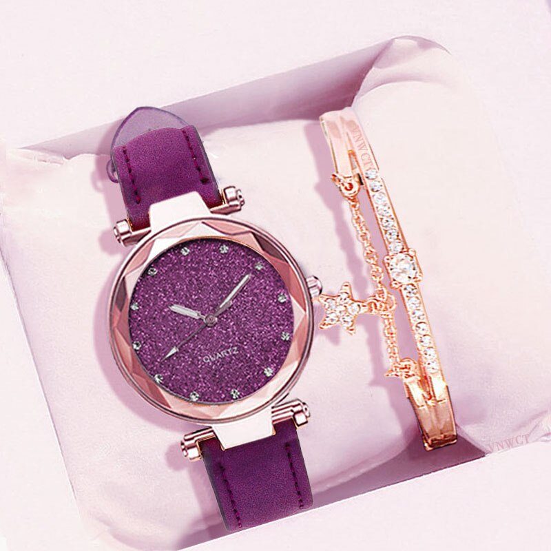 Vrouwen Sterrenhemel Horloge Armband Luxe Diamanten Horloges Dames Casual Lederen Band Quartz Horloge Vrouwelijke Klok Zegarek Damski: Purple bracelet