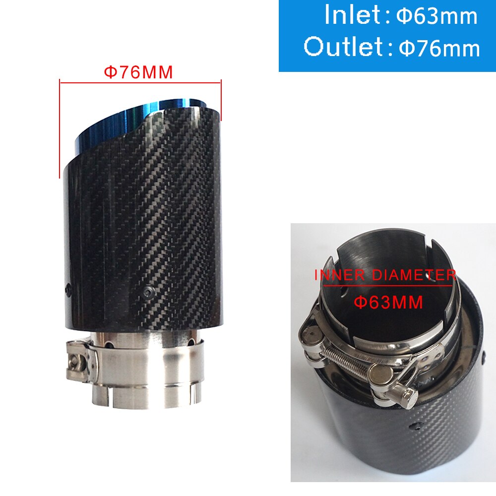 Carbon Fiber Tail Throat Blue Burned Straight Edge Single Carbon Fiber Car Exhaust Pipe Muffler End Tip Tailpipe: In63-Out 76 mm