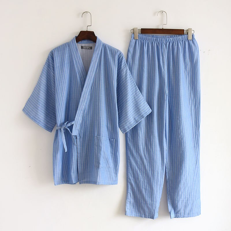 Plus Size Japanse Pyjama Sets Heren Gestreepte P Mannelijke 100% Katoen Spa Robe Sets Voor Mannelijke Boxer Kimono Robes Mannen thuis Hombre: Blue / L