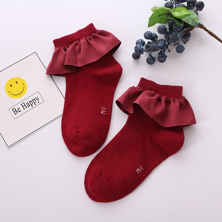 Coreano menina de cor sólida pano rendas mão-costurado meias meias de tornozelo curto meninas meias na net: Wine red