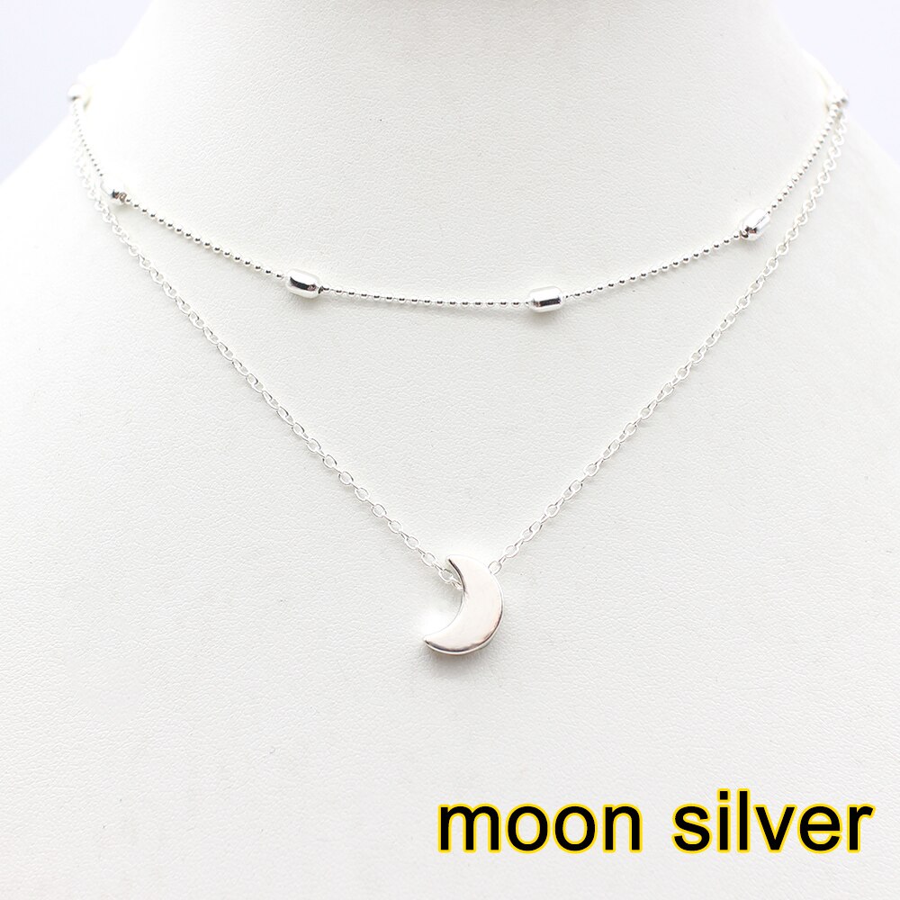 Einfache Herz zwei schichten Halsband Halsketten Für Frauen Multi Schichten Perlen Chocker kragen ras du cou Collier femme Minimalistischen schmuck: Nein6 Mond Silber-