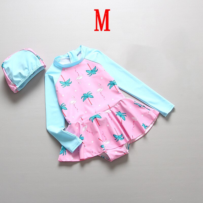 Bathing Clothes Girls Long Sleeve Children's Swimwear UV Protection Flamingo Print Beach Skirted Swim Dresses Girls' Swimsuit: M