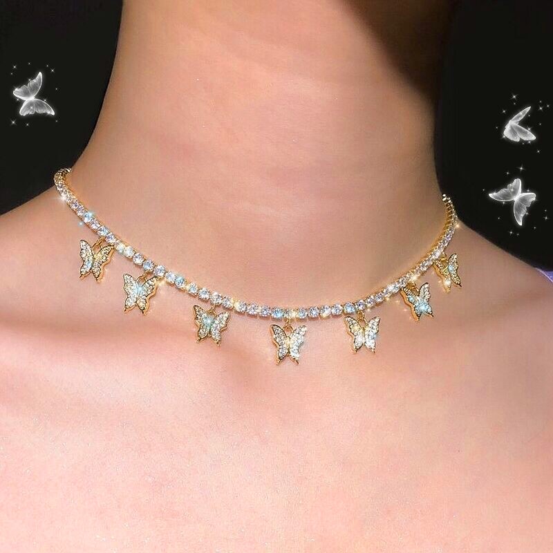 Luxe Rhinestone Choker Ketting Vrouwen Gouden Zilveren Kleur Korte Vlinder Hanger Ketting Party Decoratie Sieraden
