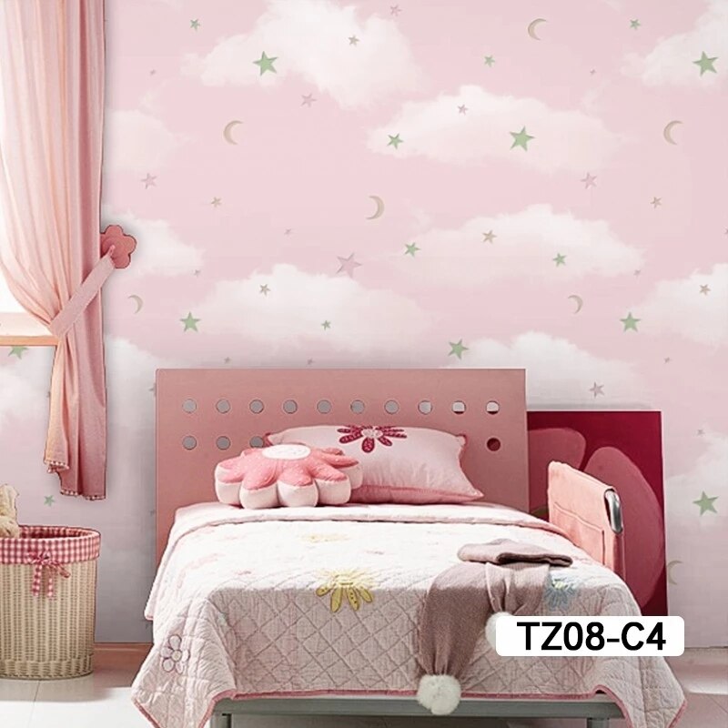 Lyserød børneværelse dreng pige stjerne måne prinsesse værelse soveværelse værelse sengeløs sømløs vægklud: Tz08-c4