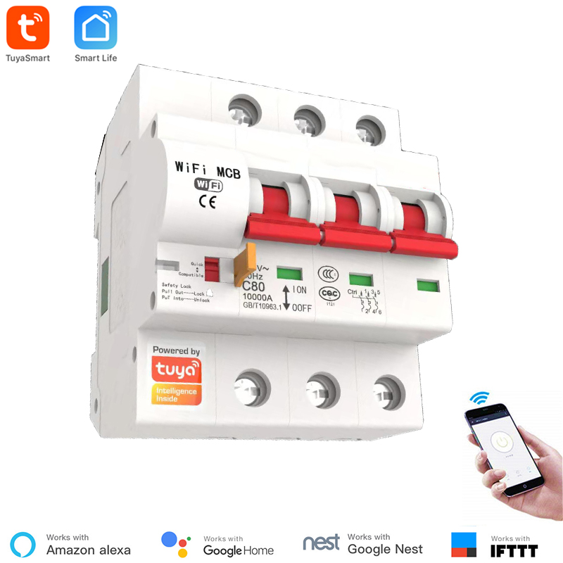 Tuya Smart Stroomonderbreker 63A 1P/2P/3P/4P Wifi Smart Circuit Breaker automatische Schakelaar Overbelasting Kortsluiting Alexa: 3P 63A