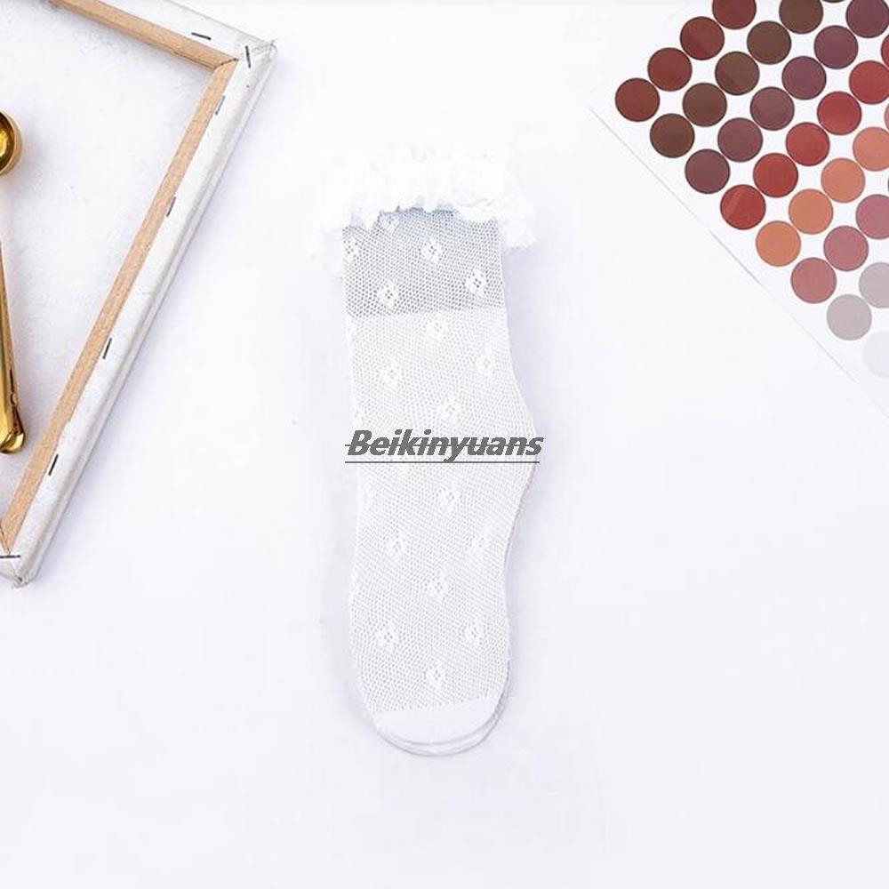 Thin summer children's socks Lolita hollow lace women's white tube pile socks cute lace socks: white