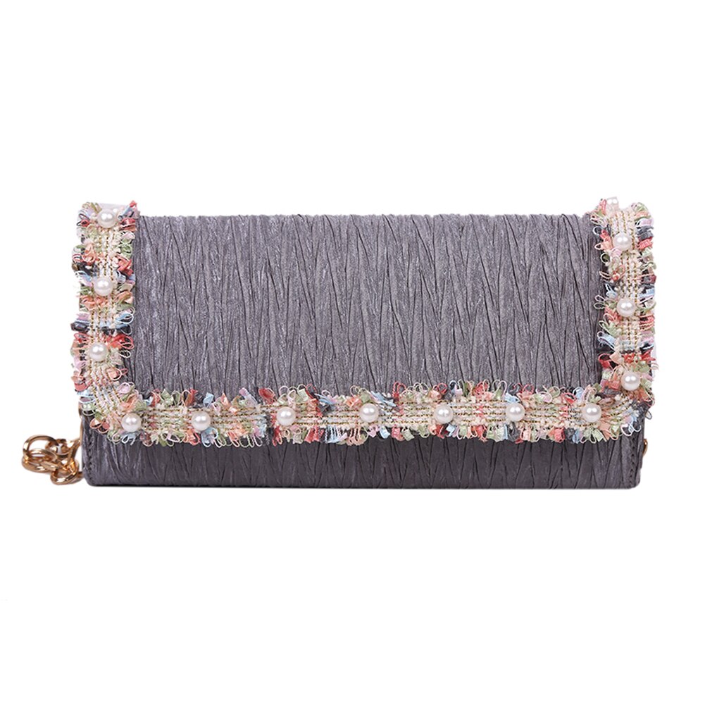 Prachtige boodschappentas, draagbare dames nylon schoudertas met geplooide pareldecoratie, handtassen voor dames, party clutch: Grijs