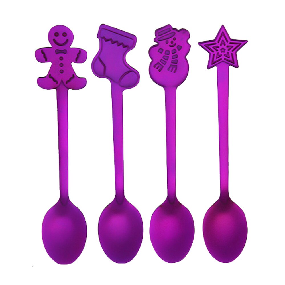 4Stck Edelstahl bunte Weihnachten Kaffee Löffel Griff Löffel Besteck Eis Trinken Werkzeug Weihnachten Hütte Besteck H5: Violett