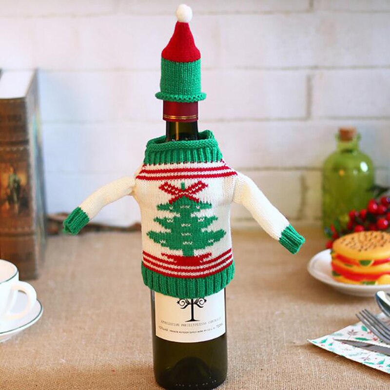 Świąteczne ubranko na butelkę robić wina dzianinowa dekoracja dla butelki czerwonego wina święty mikołaj drzewo łosia nowy rok jadalnia wystrój stołu dekoracje świąteczne nowość: style2