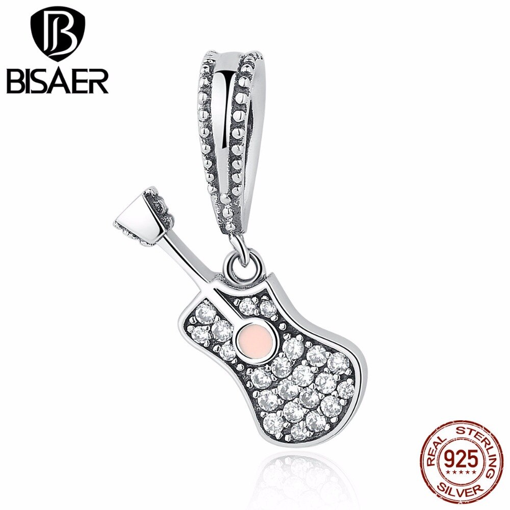 925 Sterling Silber Musical Instrument Beliebte Gitarre Anhänger passen BISAER Charme Armbänder Frauen Schmuck ECC113