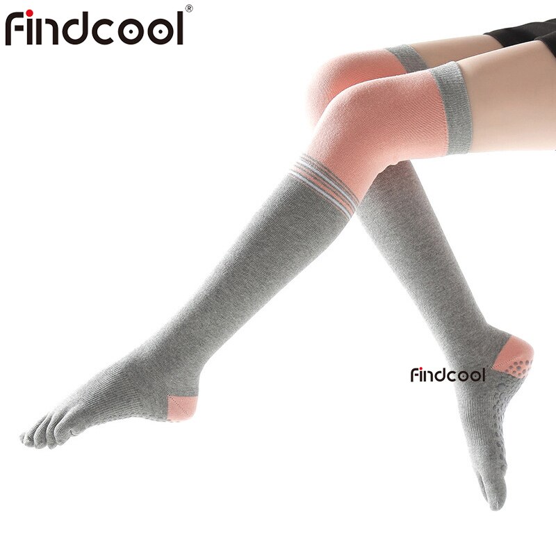 Findcool-Calcetines deportivos antideslizantes para Yoga, medias de cinco dedos para Fitness, de algodón para adelgazar, gimnasia, masaje de pies: Grey Pink