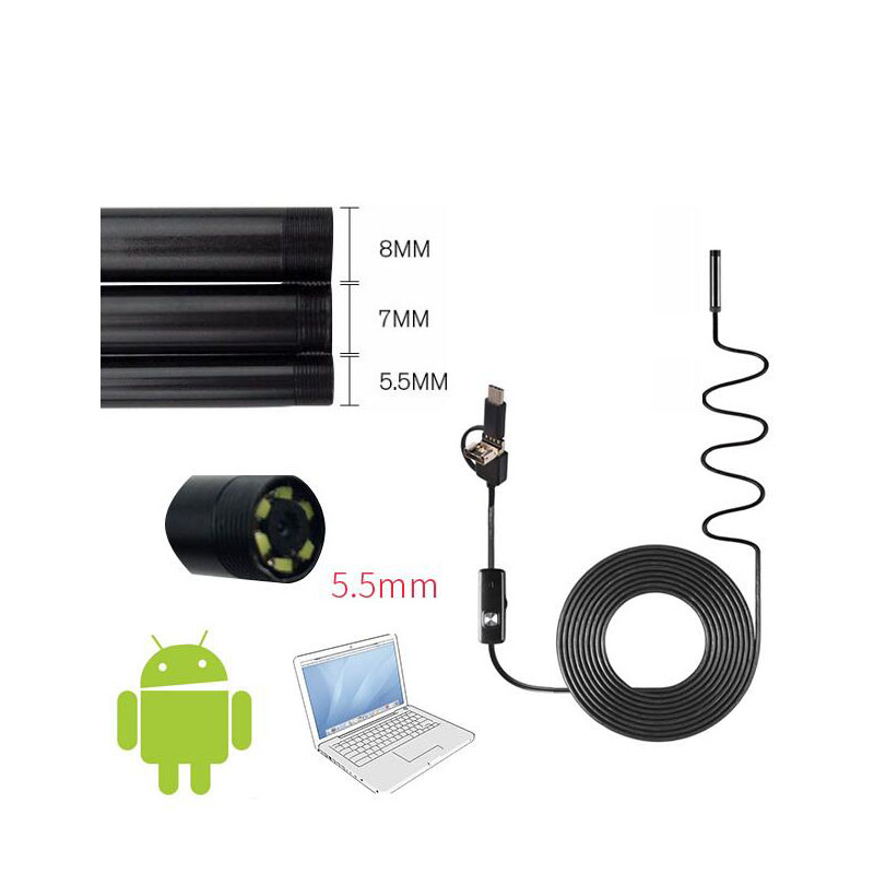720P USB Camera 3 In 1 Industrial Endoscopy Camera 8mm Endoscope Camera IP67 Waterproof Belt 6 LED For Android Mobile Phone