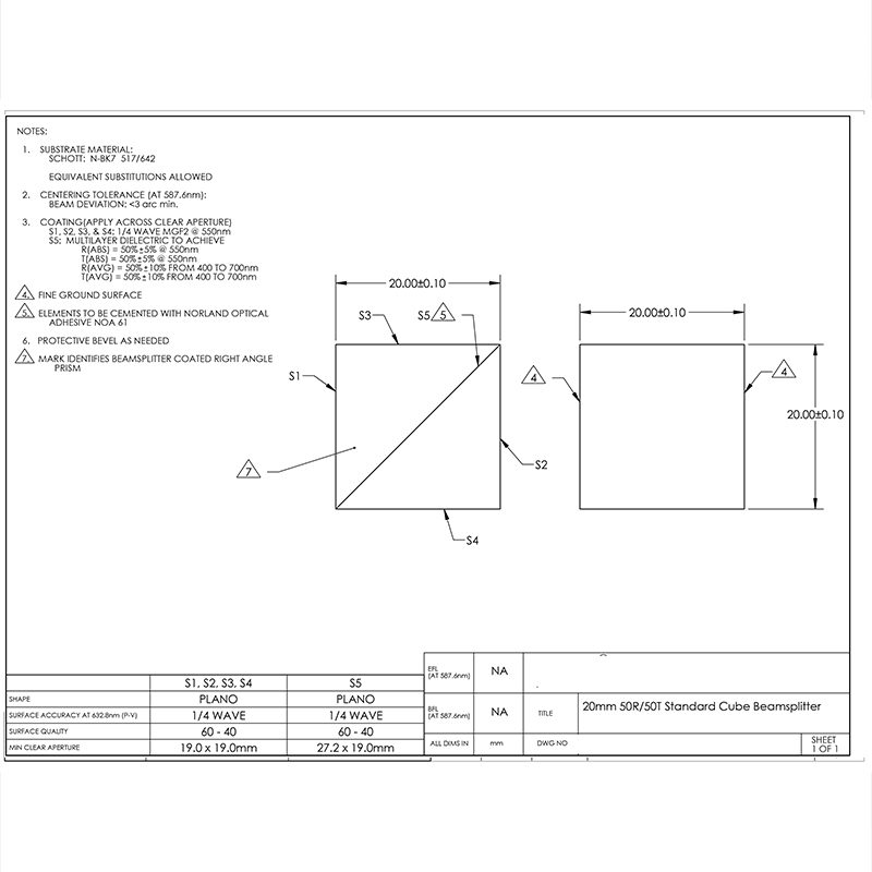 Prisma Divisor de Haz Cubo Vidrio Óptico - 12.7-40mm - Recubrimiento AR - Semi-Reflectante