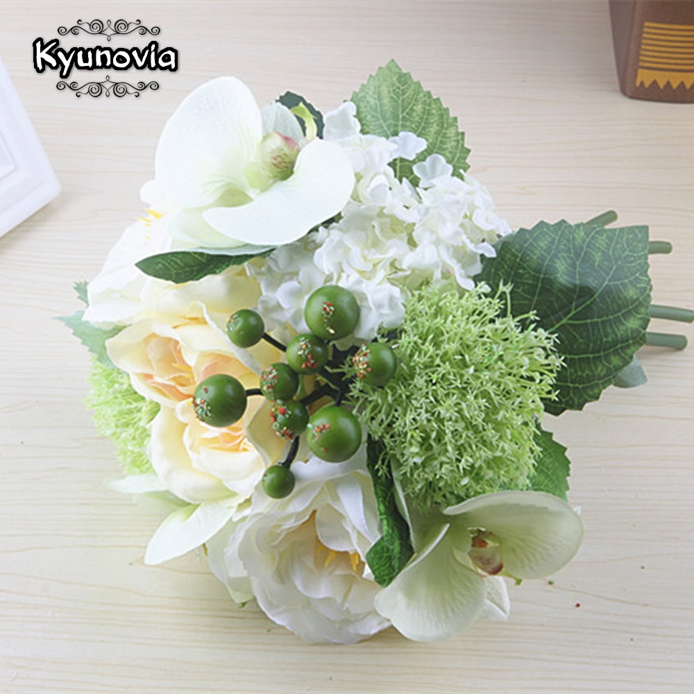 Kyunovia Chic Peony Bouquet Artificial Orchid Wedding Decoration Silk Flowers Natural Bridesmaid bouquet Bridal Bouquet D39