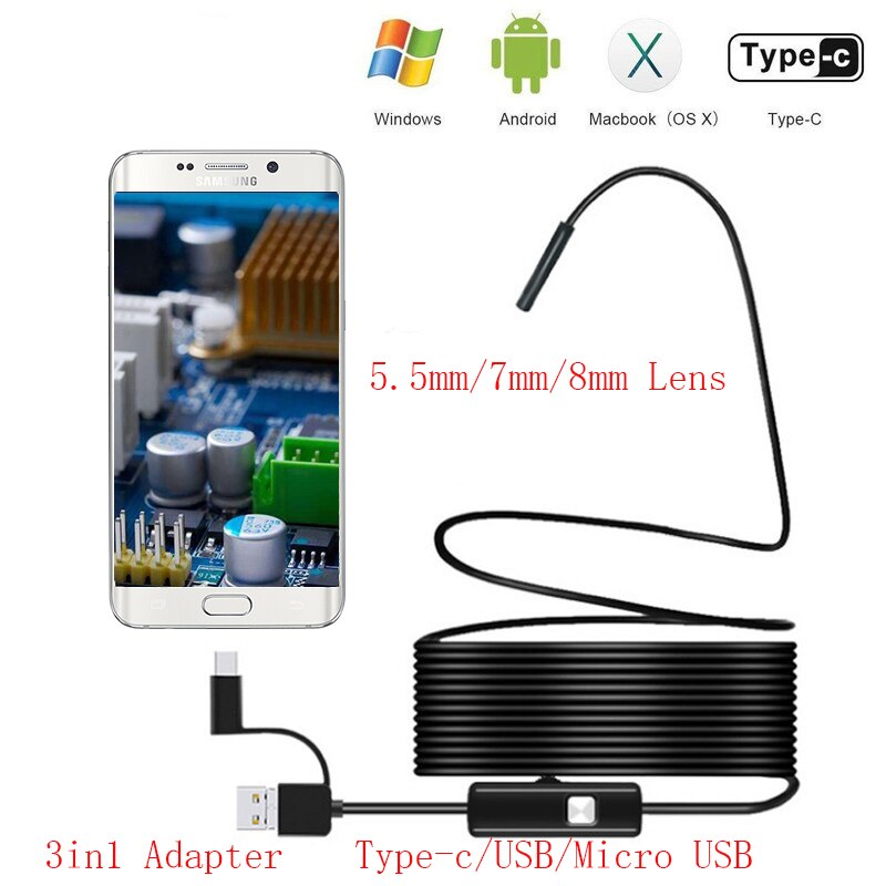 Cámara endoscópica USB con Cable de serpiente, boroscopio para teléfono Android, PC, inspección de reparación de coche, lente de 7mm, 1m/2m