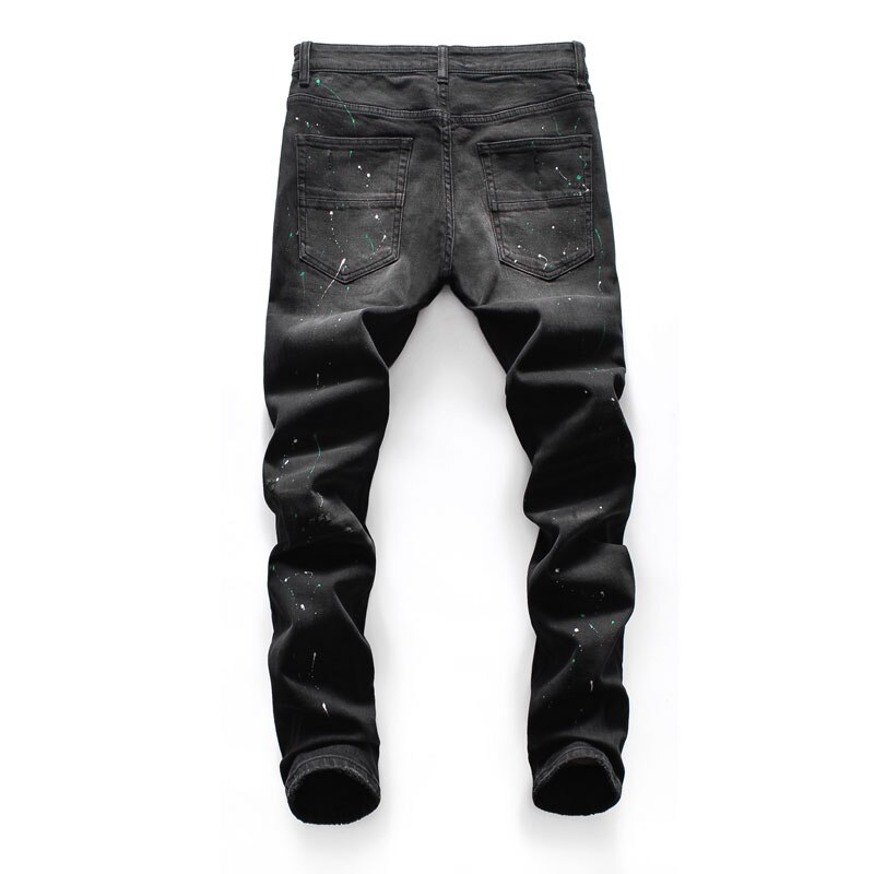 Streetwear Mannen Jeans Zwarte Kleur Verf Ripped Jeans Mannen Punk Broek Elastische Slim Fit Hip Hop Jeans homme