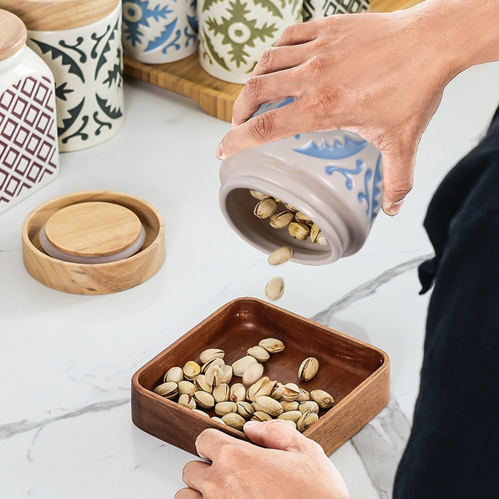 Ceramic Grain Canister Food Kitchen Sealed Storage Container Empty Storage Jar Dried Fruit Jar with Wooden Lid (Red): Blue