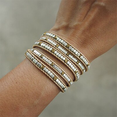 Bohemian Stijl Messing Bead 5 Wraps Statement Armband Voor Mannen En Vrouwen: Antique Silver Plated