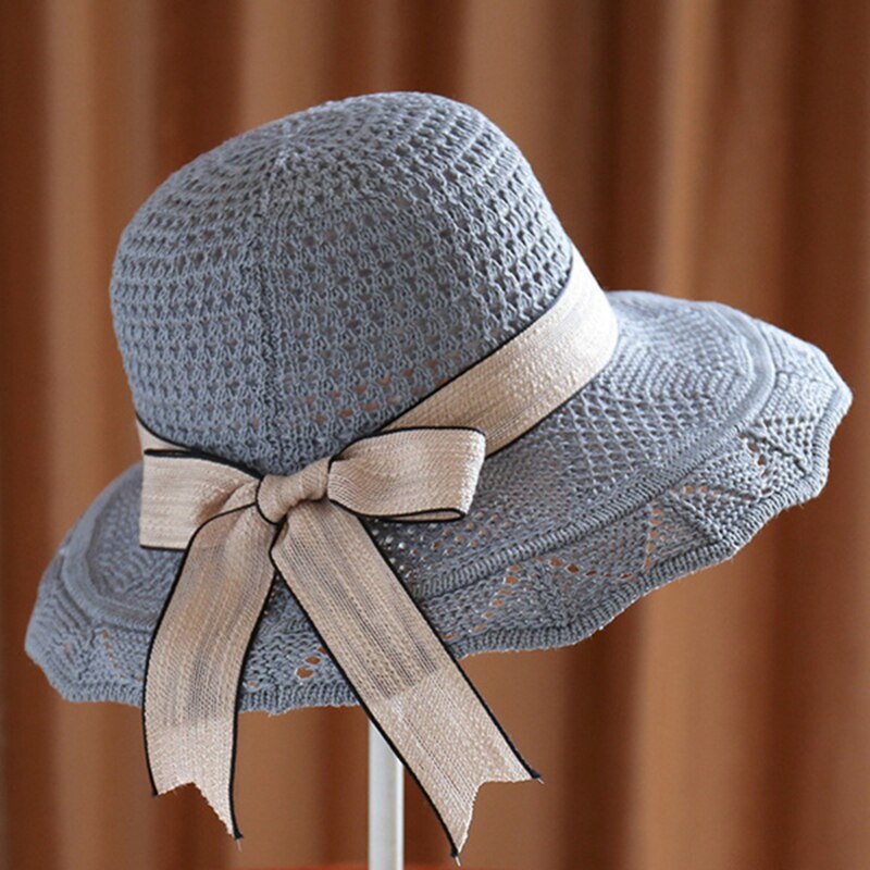 Sombrero plegable de ala ancha flexible para niña y mujer, gorro de punto de ganchillo, sombrero de playa para mujer, gorro de viaje con protección UV, sombrero de mujer: Gris