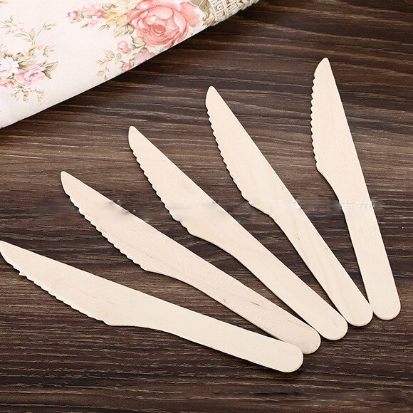 100/150/200 Stuks Houten Vorken Lepels Cutters Wegwerp Houten Bestek Keukengerei Servies Voor Diner Barbecue: Knife / 100pcs
