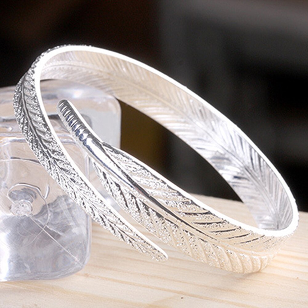 Salg kvinder vintage sølv forgyldt fjer manchet armbånd justerbar åbning bangle smykker