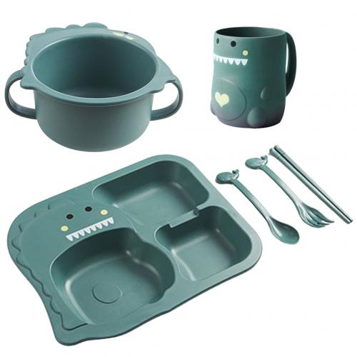 6 Piece Set Baby Dinosaur Tableware Children's Dinner Plate Grid Home Cartoon Feeding Dishes: Atrovirens D