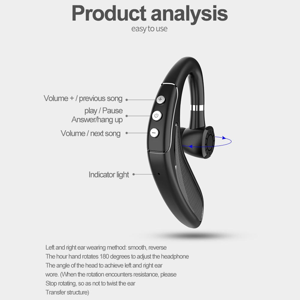 Bluetooth V5 Wireless Hands-Free Unilateral Hanging Ear Headset with Microphone Connect Two Devices Large-Capacity Battery