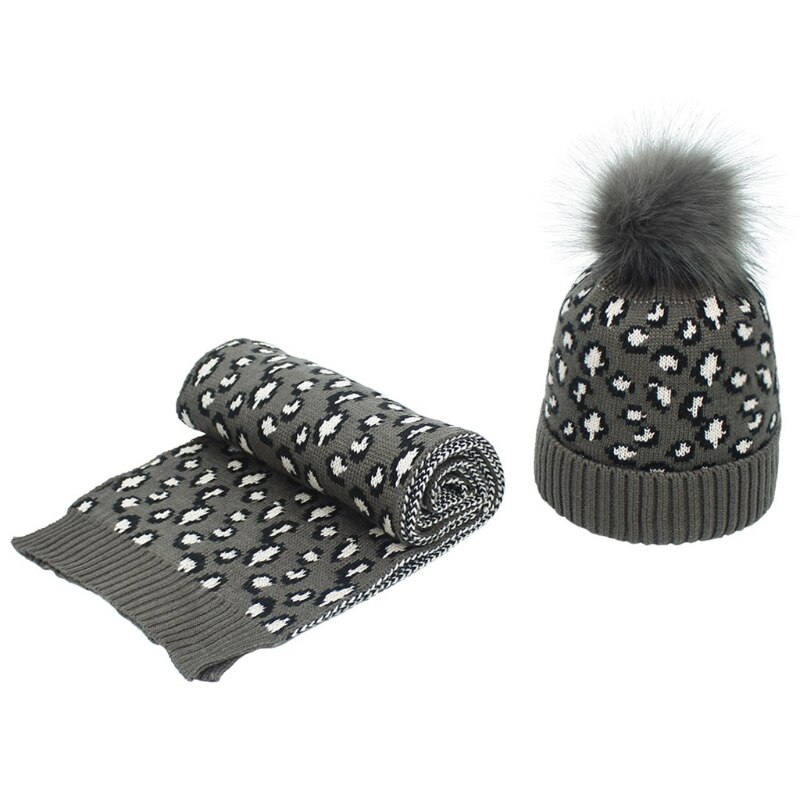 Dam stickad mössa och halsduk i 2 delar vinter vintage leopard fluffig pompom med manschett döskalle tjockare sjal halsvärmare: Mörkgrå