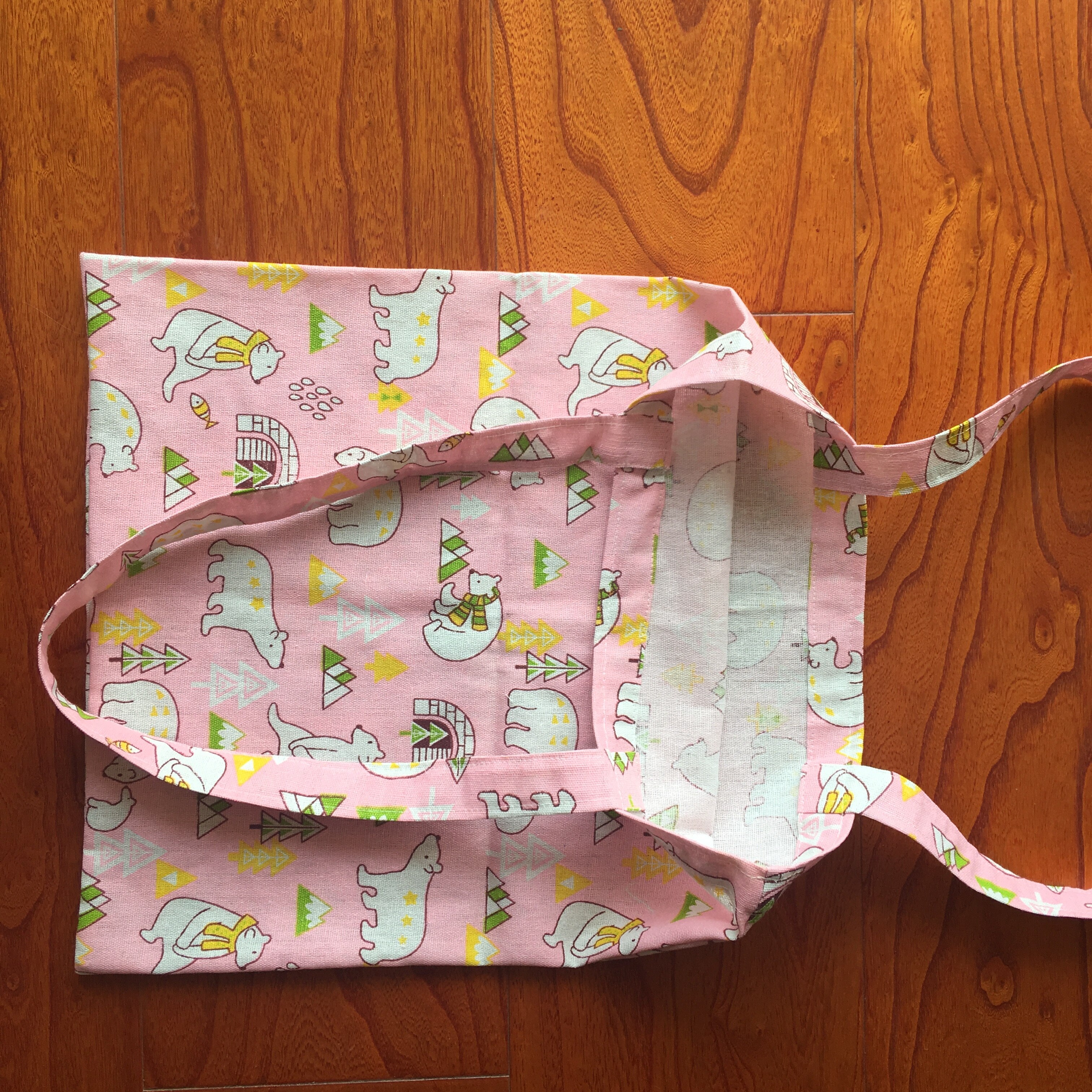 Cotton Linen Eco Shopping Tote Shoulder Bag Print Polar Bear Tree Fish Pink YL822b
