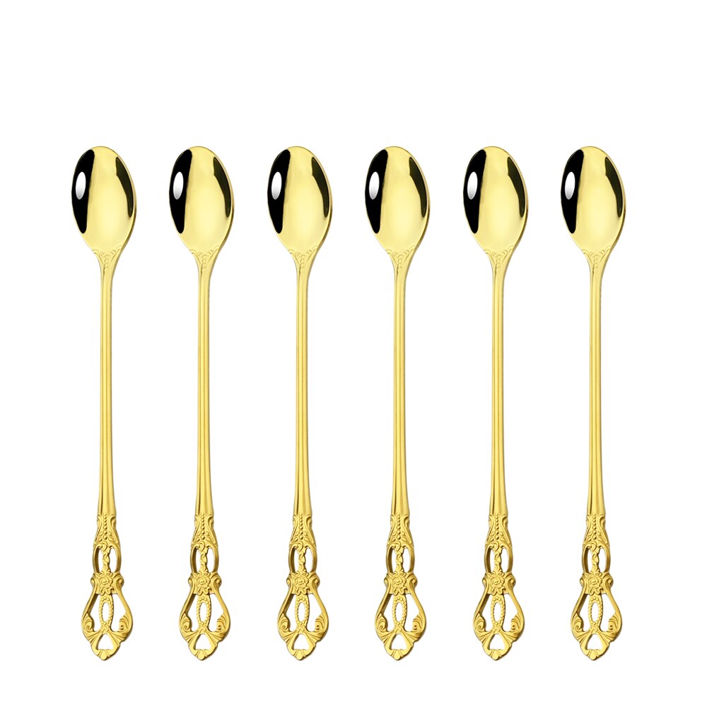 Juego de cubiertos de acero inoxidable, Set de vajilla de arcoíris, cuchillo, tenedor, cuchara occidental, Retro, 6/30 piezas: 6Pcs Gold