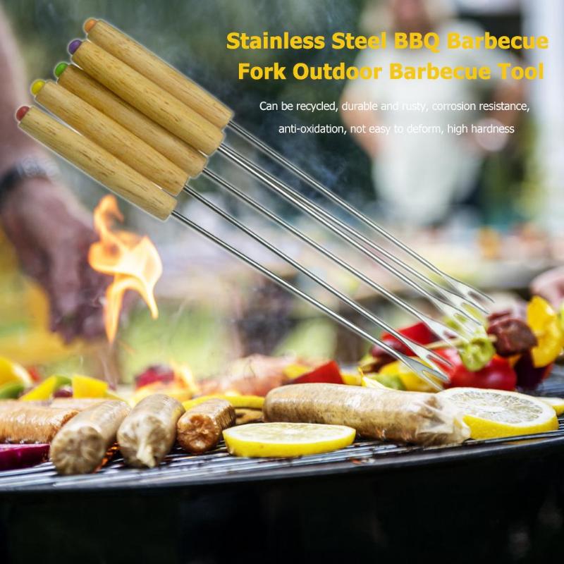 6 uds. Mango de madera palos BBQ tenedor pincho inoxidable Kebab asado mango largo soportes para alimentos exterior hogar barbacoa suministro